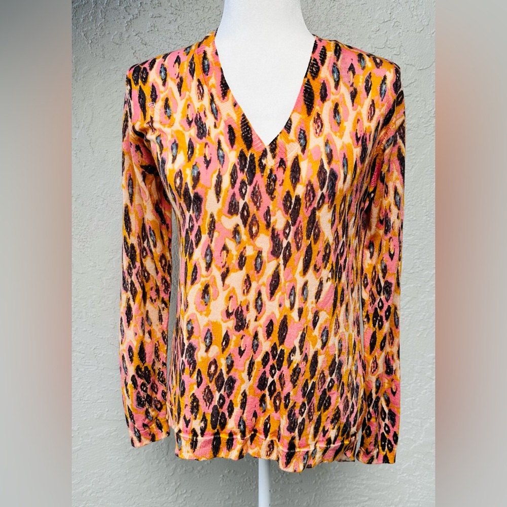 Emu Australia Sweater Brown Orange Pink Print Wool V-Neck Size M